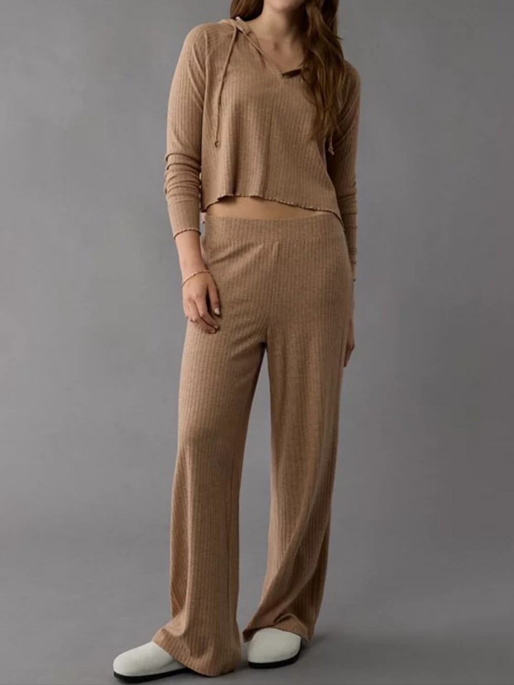 American Eagle Women's High Waister Ribbed Wide-Leg Lounge Pants